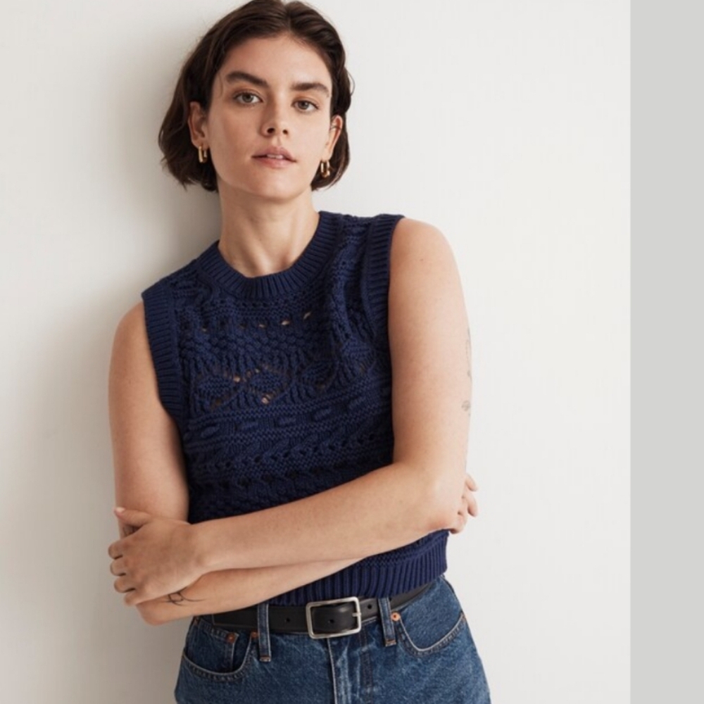 Madewell Crochet Open Knit Fresh Blueberry Blue Sweater Vest Size XS - Picture 8 of 8